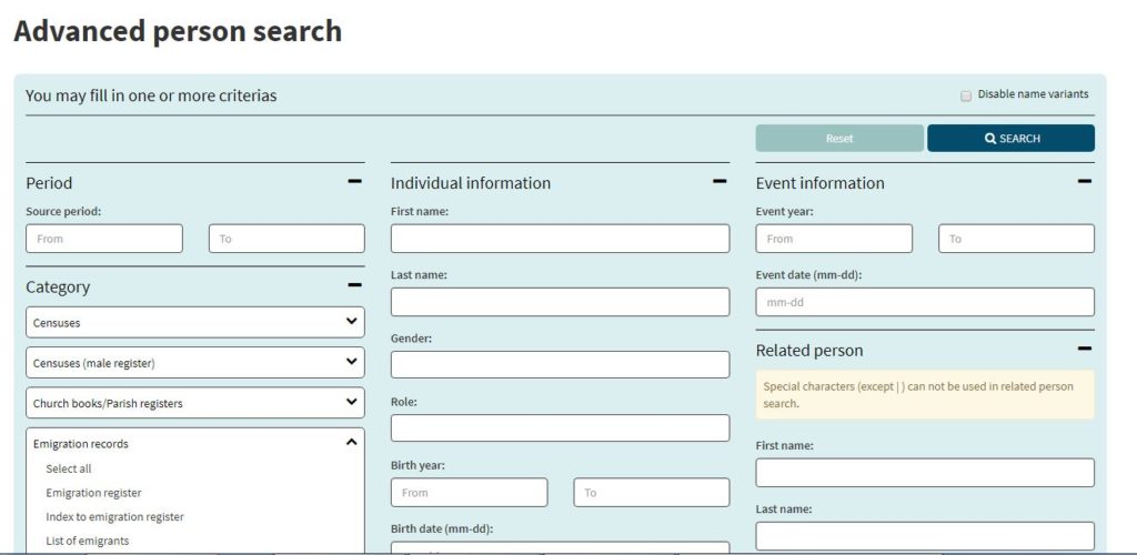 Norway Digital Archives screenshot of Advanced person search, Norwegian emigration