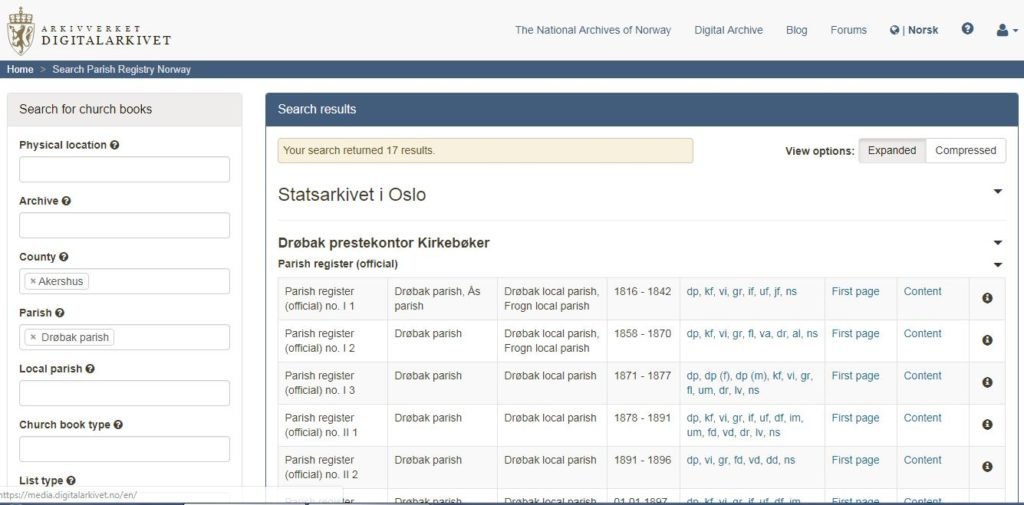 Norway's Digital Archive, Drobak place name, parish registry, church book registry