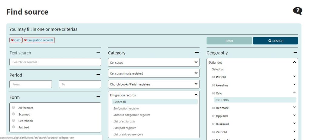 Norway Digital Archive find source search criteria