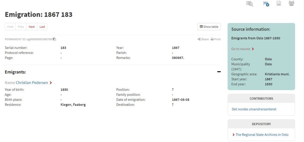 emigration database from Norway Digital Archives, 1867