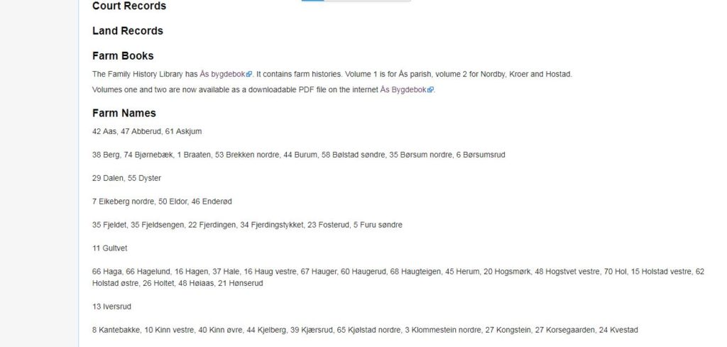 screenshot of Akershus County, Norway page on FamilySearch.org/wiki, farm books
