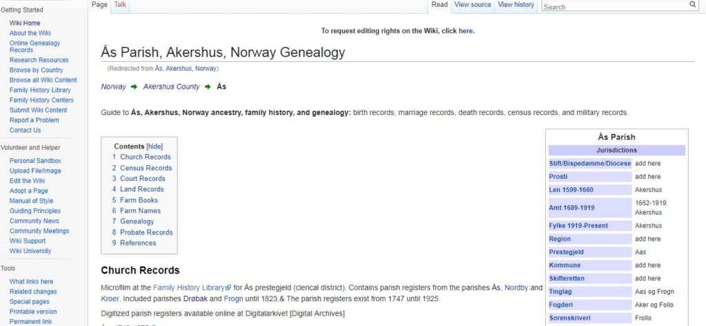 screenshot of Akershus County, Norway page name on FamilySearch.org/Wiki, farm book